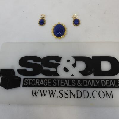 Blue Vintage Jewelry set, 1 Pendant, 1 Pair of Clip on Earrings