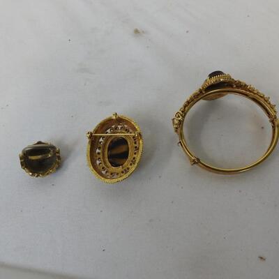 Vintage Brown Gold tone Cameo Set, Bracelet, Pin, Adj Tan Ring