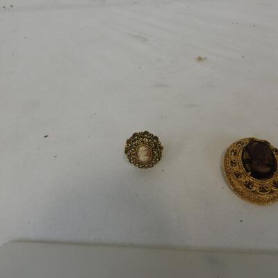 Vintage Brown Gold tone Cameo Set, Bracelet, Pin, Adj Tan Ring