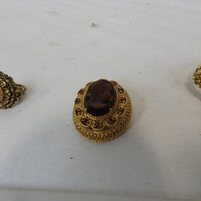 Vintage Brown Gold tone Cameo Set, Bracelet, Pin, Adj Tan Ring