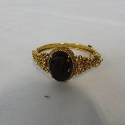 Vintage Brown Gold tone Cameo Set, Bracelet, Pin, Adj Tan Ring