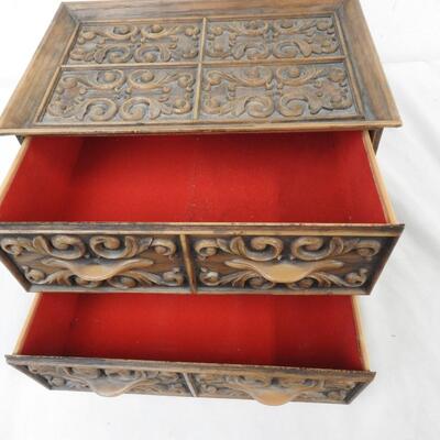 Plastic Brown Jewelry Box with 2 Drawers, Red Inner Lining, 9 x 6 x 8 Inches