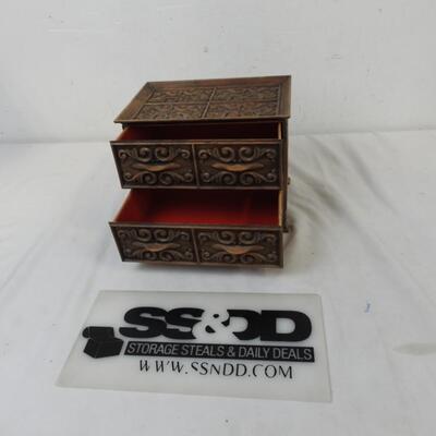 Plastic Brown Jewelry Box with 2 Drawers, Red Inner Lining, 9 x 6 x 8 Inches