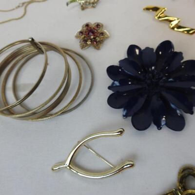 Vintage Jewelry, 7 Pins, 2 Necklaces, 2 Pierced Earrings, Watch, Bangle Bracelet
