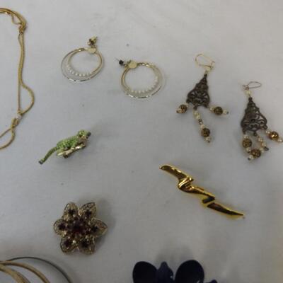 Vintage Jewelry, 7 Pins, 2 Necklaces, 2 Pierced Earrings, Watch, Bangle Bracelet
