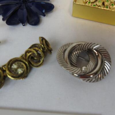 Vintage Jewelry, 7 Pins, 2 Necklaces, 2 Pierced Earrings, Watch, Bangle Bracelet