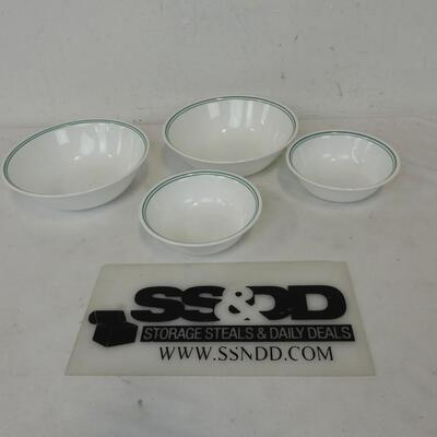 Correlle White with Green Striped Bowls, 2 18 oz Soup/Cereal, 2 1 Quart Serving