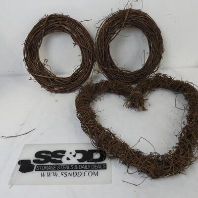 3 Grapevine Wreaths, 2 1 Foot Diameter Circles, 1 Big Heart Shape Design