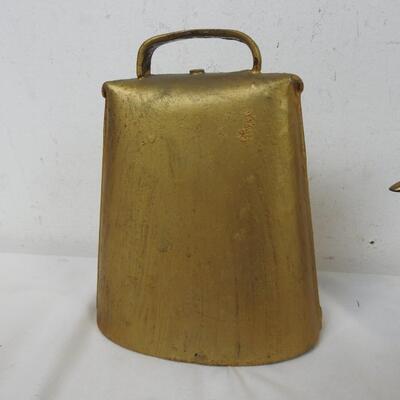 1 Gold Colored Cow Bell, 1 Dolphin Decor with Small Bell on a Stand (Brass?)