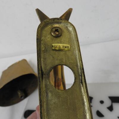 1 Gold Colored Cow Bell, 1 Dolphin Decor with Small Bell on a Stand (Brass?)