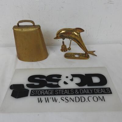 1 Gold Colored Cow Bell, 1 Dolphin Decor with Small Bell on a Stand (Brass?)