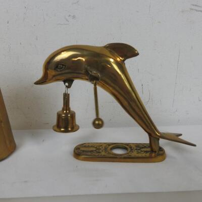 1 Gold Colored Cow Bell, 1 Dolphin Decor with Small Bell on a Stand (Brass?)