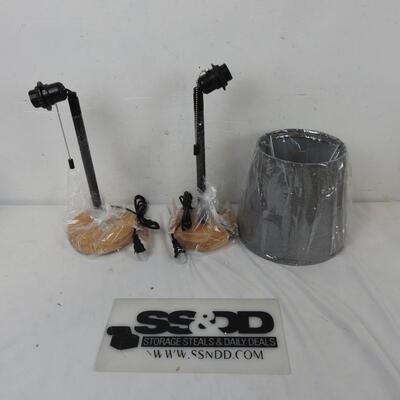 2 Desk Lamps with Wood Base and Gray Shades, Broken Heads