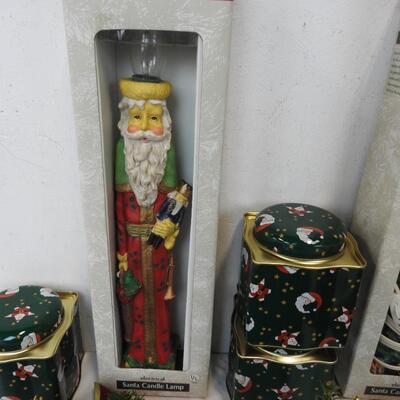 11 pc Christmas: Santa Tins, Santa Candle Lamps, Lace Stocking