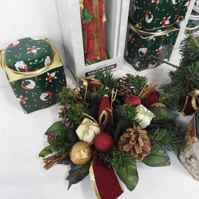 11 pc Christmas: Santa Tins, Santa Candle Lamps, Lace Stocking