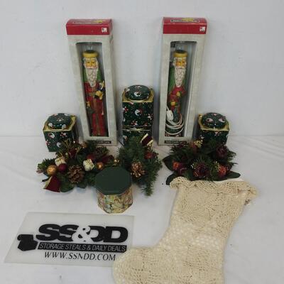 11 pc Christmas: Santa Tins, Santa Candle Lamps, Lace Stocking