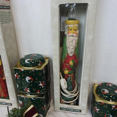 11 pc Christmas: Santa Tins, Santa Candle Lamps, Lace Stocking