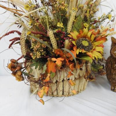 4 pc Fall: Ceramic Owl, Ceramic Pumpkin, Pumpkin Plate, Floral Centerpiece