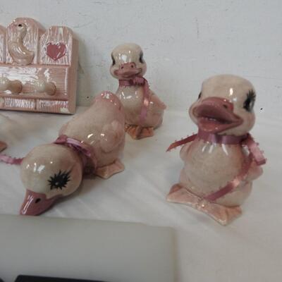 6 pc Ceramic Figurines, Pink Duck Figurines, Recipe Holder, Key Ring Holder