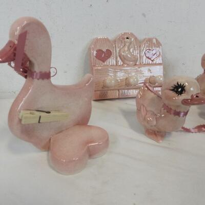 6 pc Ceramic Figurines, Pink Duck Figurines, Recipe Holder, Key Ring Holder