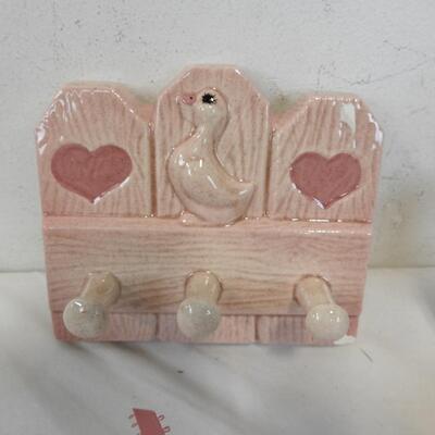6 pc Ceramic Figurines, Pink Duck Figurines, Recipe Holder, Key Ring Holder