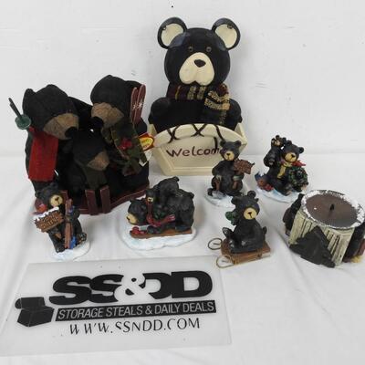 8 pc Black Bear Decor: Carved Wooden Figurines, Welcome Mail Holder