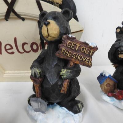 8 pc Black Bear Decor: Carved Wooden Figurines, Welcome Mail Holder
