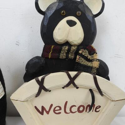 8 pc Black Bear Decor: Carved Wooden Figurines, Welcome Mail Holder