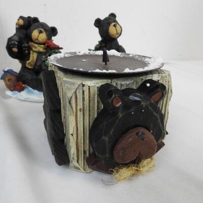 8 pc Black Bear Decor: Carved Wooden Figurines, Welcome Mail Holder