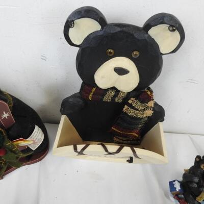 8 pc Black Bear Decor: Carved Wooden Figurines, Welcome Mail Holder