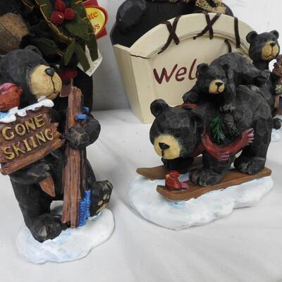 8 pc Black Bear Decor: Carved Wooden Figurines, Welcome Mail Holder
