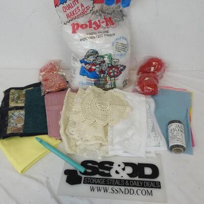 Craft Fabric Lot: Poly-Fil, Tinsel, Assorted Fabric, Doilies, Felt