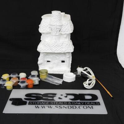 Ceramic Halloween House, ready to paint. Paints, brush, internal light included.