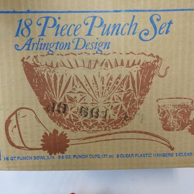 11 pc Crystal Serving Lot:  Punch Bowl, Ladle, and hanging hooks.