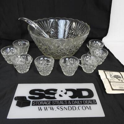 11 pc Crystal Serving Lot:  Punch Bowl, Ladle, and hanging hooks.