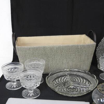 10 pc Lot: 6 Crystal Dessert Dishes, serving platter, cruet, potpourri holder