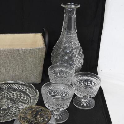 10 pc Lot: 6 Crystal Dessert Dishes, serving platter, cruet, potpourri holder