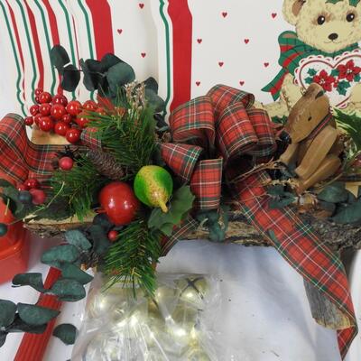 18 pc Christmas 8 placemats, log centerpiece candles, tray, bells, ornaments etc
