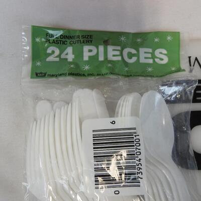 13 pc Party Lot: Plates, bowls, cups, foil pans, and silverware