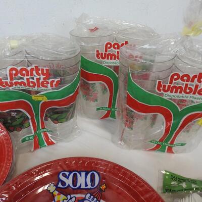 13 pc Party Lot: Plates, bowls, cups, foil pans, and silverware