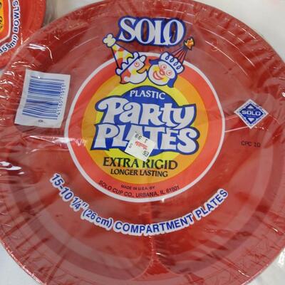 13 pc Party Lot: Plates, bowls, cups, foil pans, and silverware