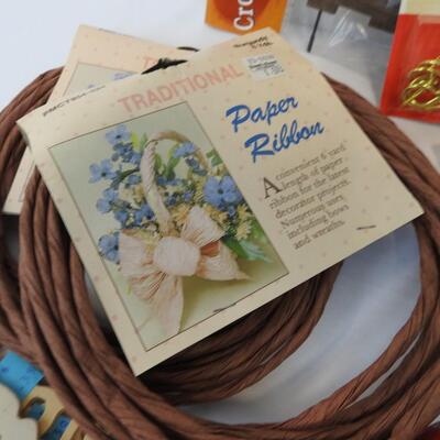 20+ pc Craft Lot: Wooden word and shape cut-outs, paper ribbon, fence, hooks etc
