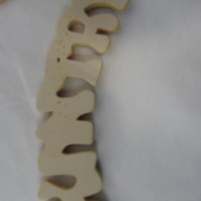 20+ pc Craft Lot: Wooden word and shape cut-outs, paper ribbon, fence, hooks etc