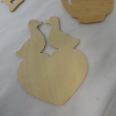 20+ pc Craft Lot: Wooden word and shape cut-outs, paper ribbon, fence, hooks etc