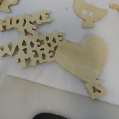 20+ pc Craft Lot: Wooden word and shape cut-outs, paper ribbon, fence, hooks etc