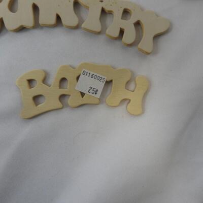 20+ pc Craft Lot: Wooden word and shape cut-outs, paper ribbon, fence, hooks etc