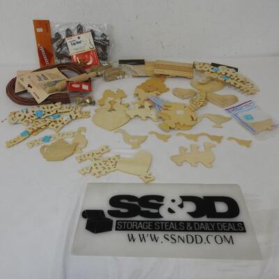 20+ pc Craft Lot: Wooden word and shape cut-outs, paper ribbon, fence, hooks etc