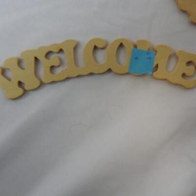 20+ pc Craft Lot: Wooden word and shape cut-outs, paper ribbon, fence, hooks etc