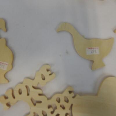 20+ pc Craft Lot: Wooden word and shape cut-outs, paper ribbon, fence, hooks etc