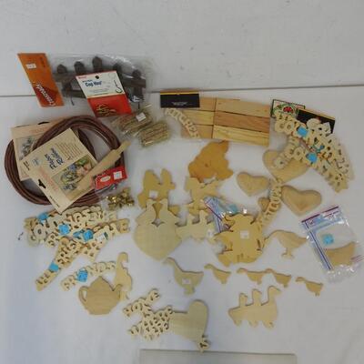 20+ pc Craft Lot: Wooden word and shape cut-outs, paper ribbon, fence, hooks etc